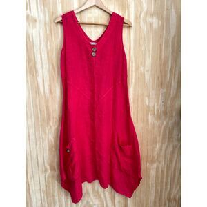 Made in Italy linen dress asymmetric coconut boton lagenlook red women L/XL